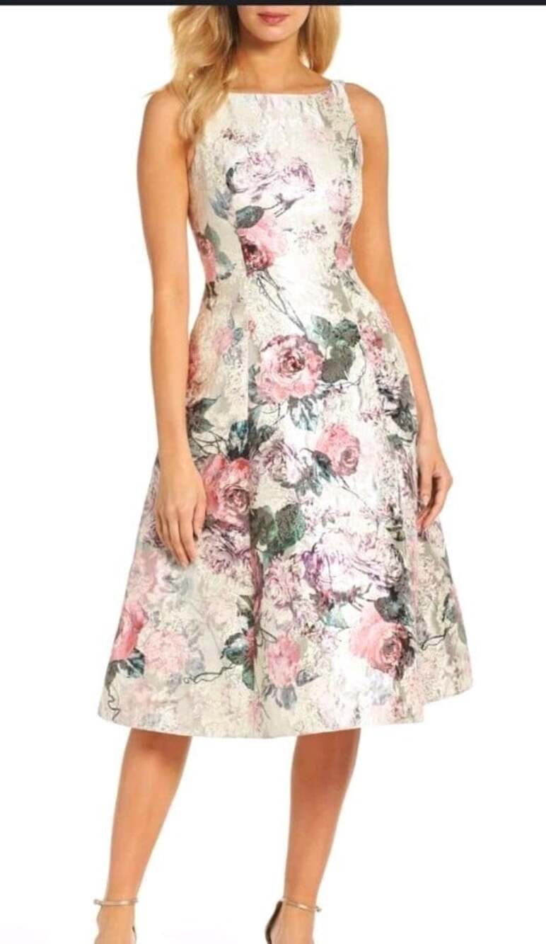 Adrianna Papell Ivory Floral Jacquard Sleeveless V-Neck A-Line Dress 8 Pockets